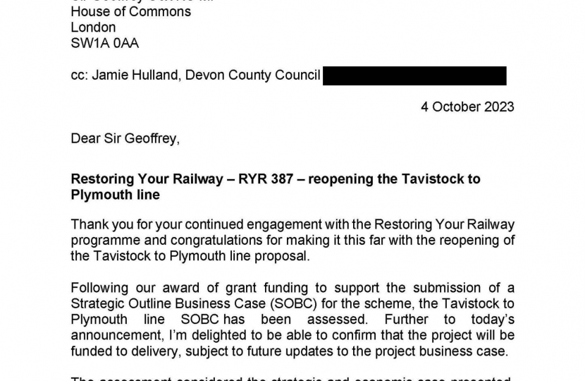 The letter from the Rail Minister confirming the new link from Tavistock to Plymouth.
